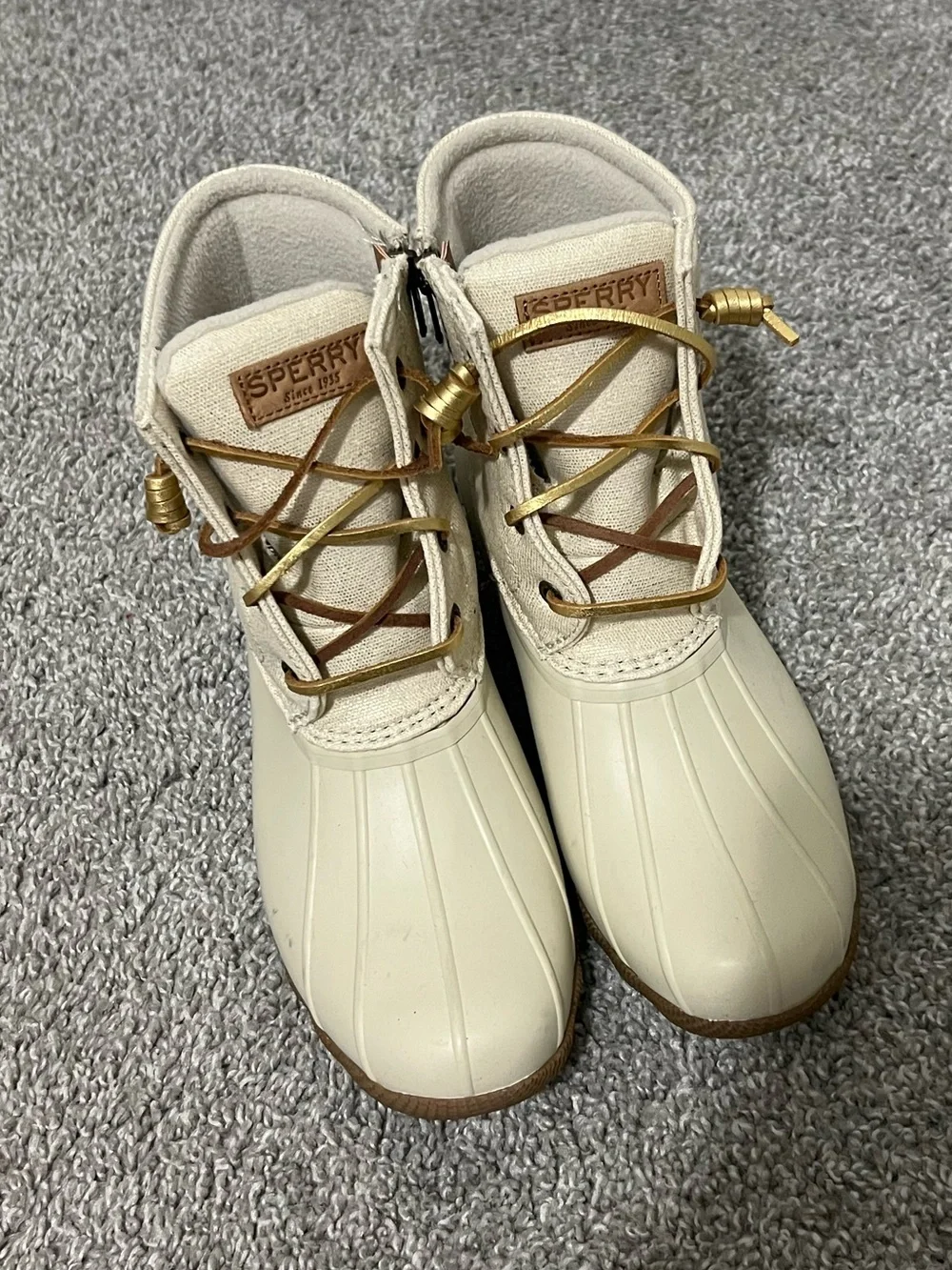 Sperry Cream Canvas & Tan Rubber Duck Boots